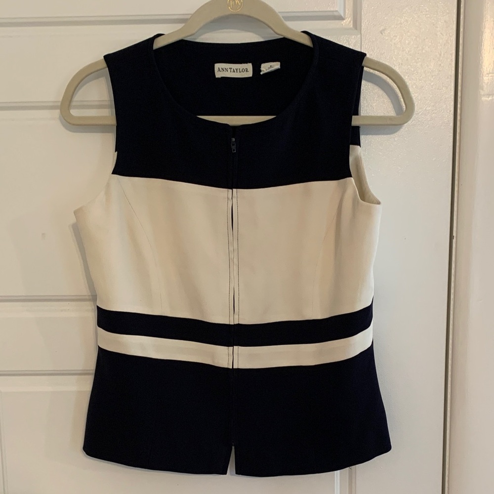 Ann Taylor Navy and Cream Zip Front Top